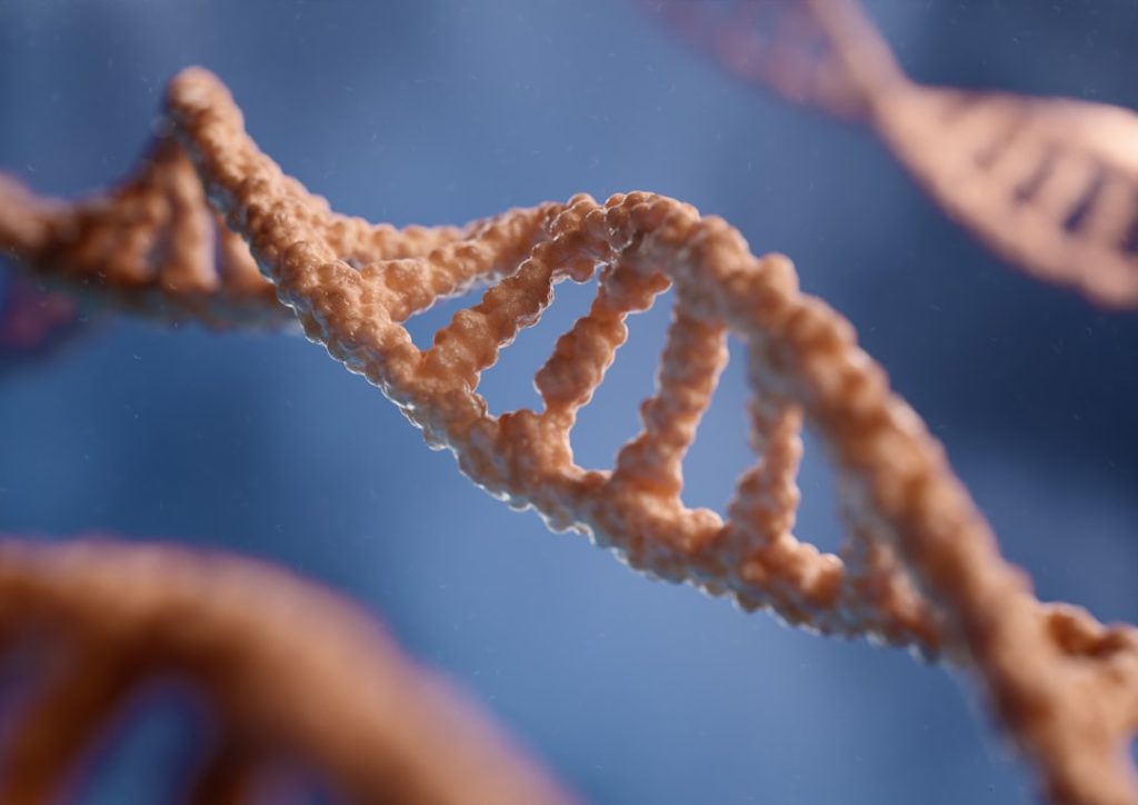 3D rendering capturing the double helix structure of DNA against a blue backdrop, with one helix structure in the center of the image.